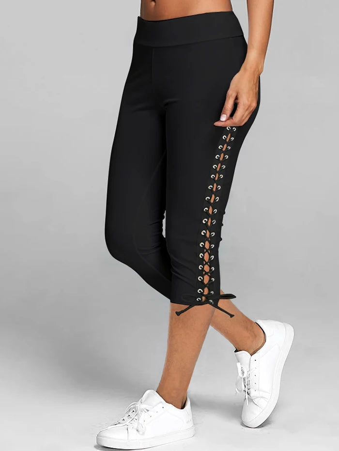 Dressfo 2024 Nieuwe Womens Capri Leggings Veters Skinny Crop Leggings Yogabroek Zwart Casual Sportbroek