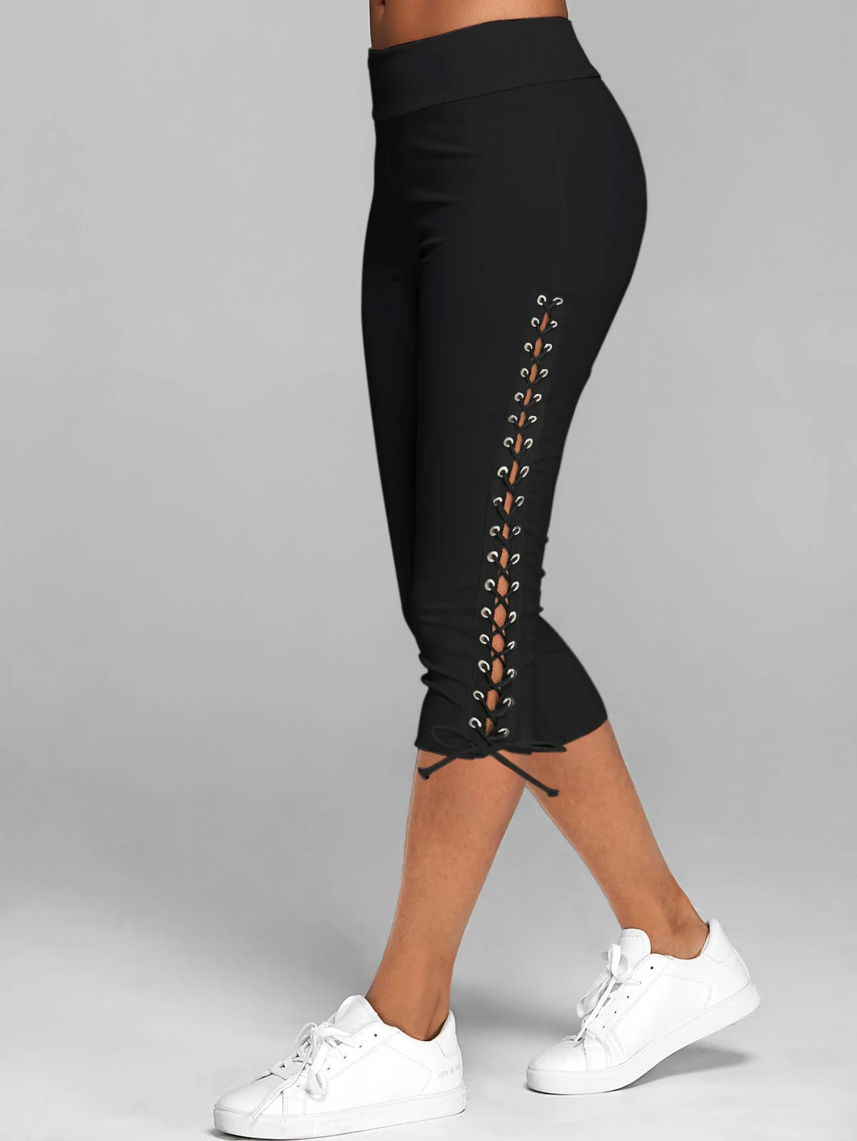Dressfo 2024 Nieuwe Womens Capri Leggings Veters Skinny Crop Leggings Yogabroek Zwart Casual Sportbroek
