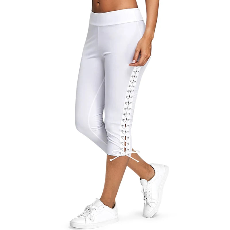 Dressfo 2024 Nieuwe Womens Capri Leggings Veters Skinny Crop Leggings Yogabroek Zwart Casual Sportbroek