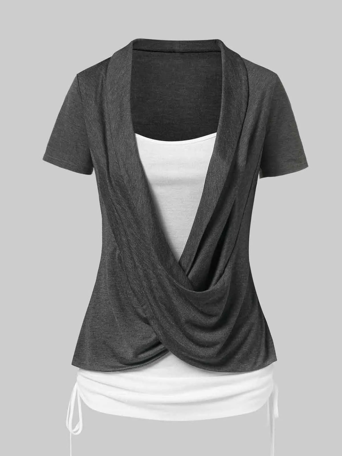 Dressfo 2024 Dames Overhemden Tops Geheided Cinched Gekruiste Korte Mouwen Contrast Colorblock Faux Twinset Tee 2 In 1 Top