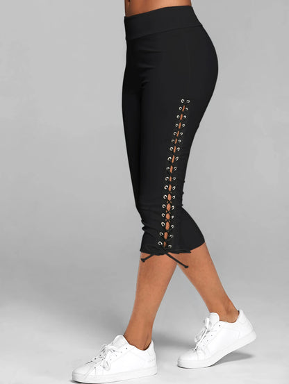 Dressfo 2024 Nieuwe Womens Capri Leggings Veters Skinny Crop Leggings Yogabroek Zwart Casual Sportbroek
