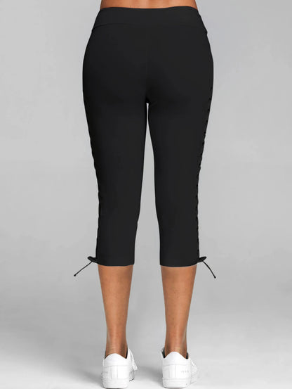 Dressfo 2024 Nieuwe Womens Capri Leggings Veters Skinny Crop Leggings Yogabroek Zwart Casual Sportbroek