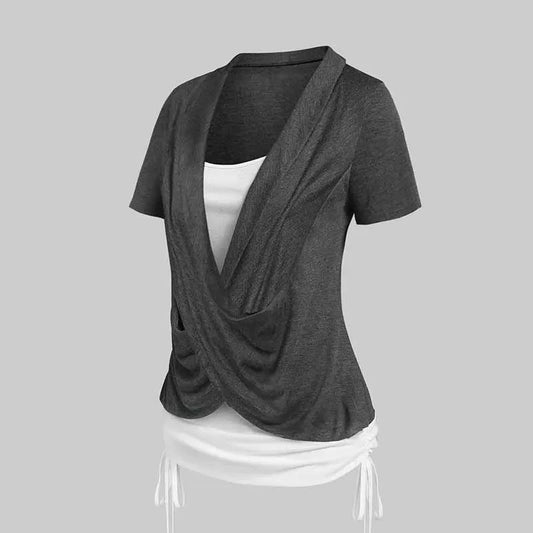 Dressfo 2024 Dames Overhemden Tops Geheided Cinched Gekruiste Korte Mouwen Contrast Colorblock Faux Twinset Tee 2 In 1 Top