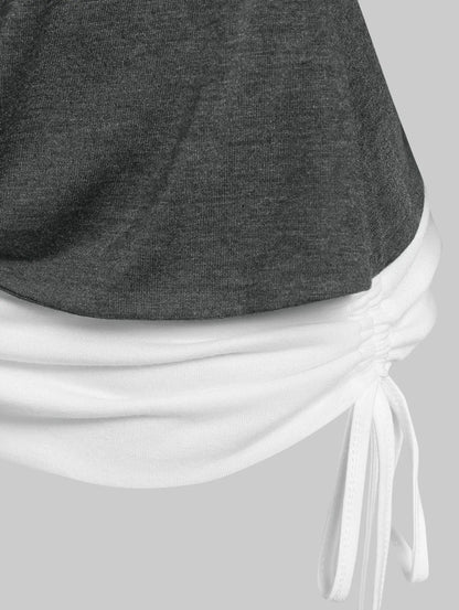 Dressfo 2024 Dames Overhemden Tops Geheided Cinched Gekruiste Korte Mouwen Contrast Colorblock Faux Twinset Tee 2 In 1 Top