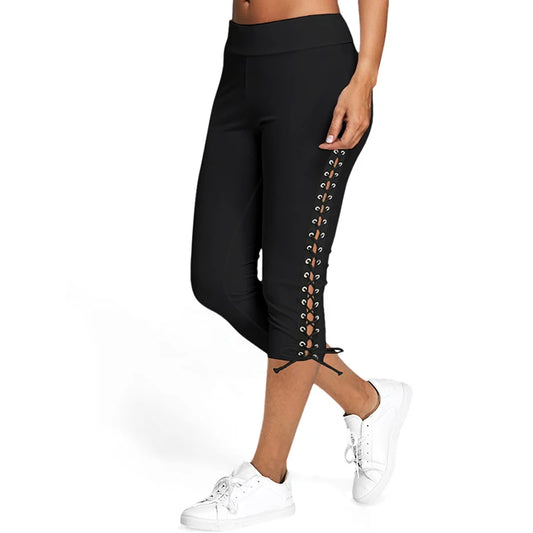 Dressfo 2024 Nieuwe Womens Capri Leggings Veters Skinny Crop Leggings Yogabroek Zwart Casual Sportbroek