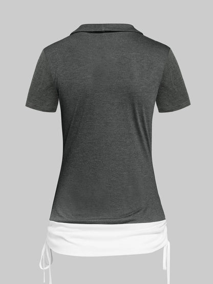 Dressfo 2024 Dames Overhemden Tops Geheided Cinched Gekruiste Korte Mouwen Contrast Colorblock Faux Twinset Tee 2 In 1 Top